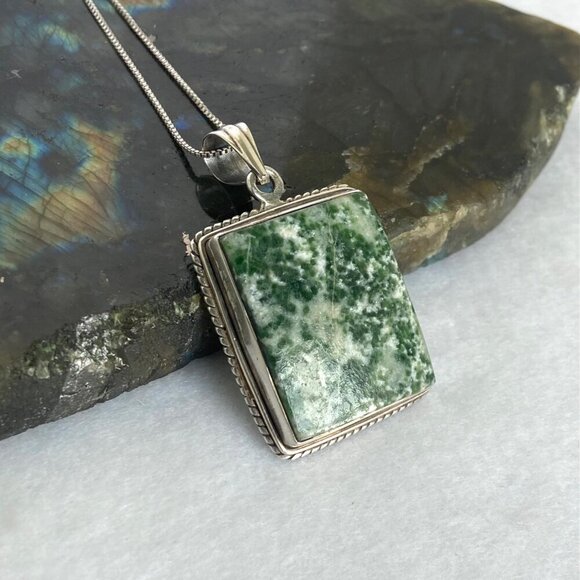 Sterling Silver 925 Bezel Set Tree Agate Rectangular Pendant Necklace 18.5" - Picture 5 of 16